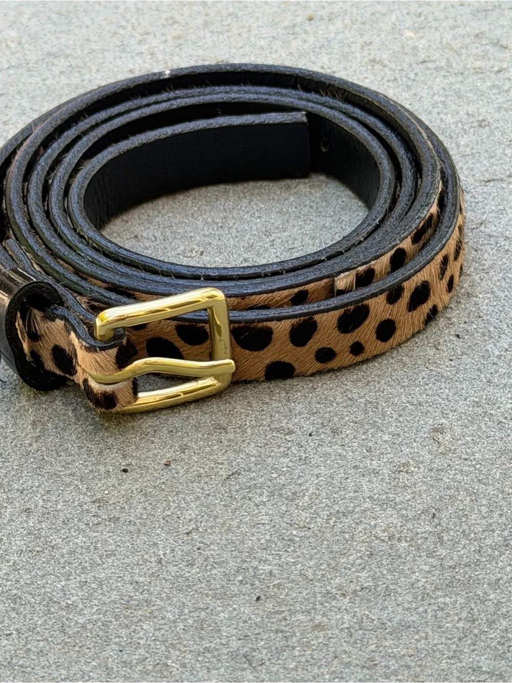 J.Crew Leopard Calf Hair Leather Skinny Belt Gold Buckle Made USA
